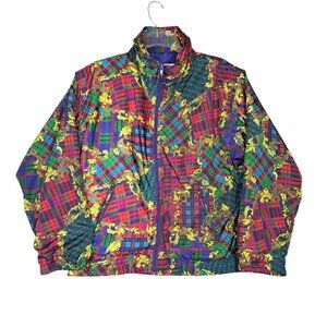 80s 90s EVR Windbreaker Baroque Plaid Crazy Pattern Womens Sz MP Retro Red Vtg